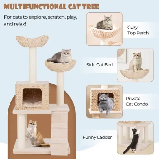 Tangkula 48" Cattail Cat Tower w/ Sisal Scratching Posts Perch Condo Basket Bed Ladder image {4}