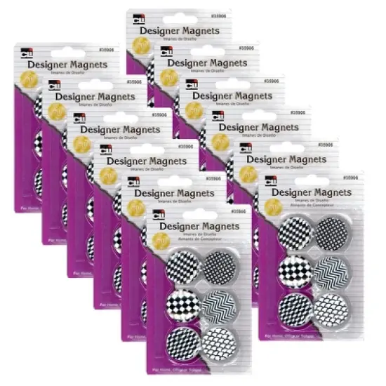 Charles Leonard Designer Button Style Magnets, Super Strong - Assorted Black & White Designs, 6 Per Pack, 12 Packs image {2}