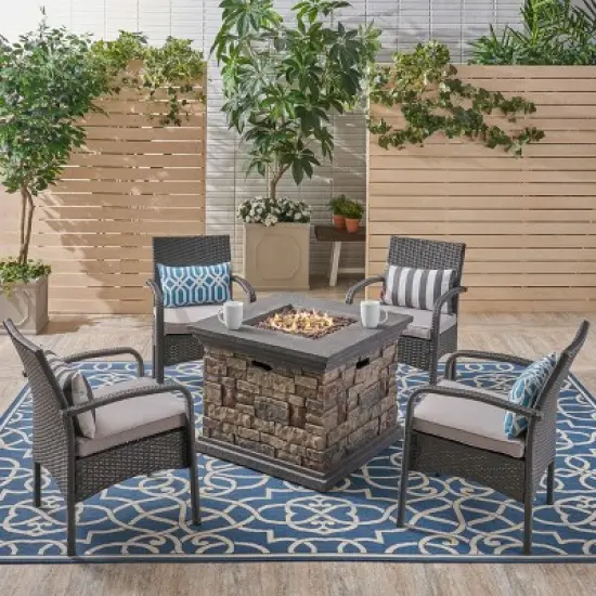 GDFStudio Kilburn Outdoor Wicker 5 Piece Club Chair and Fire Pit Set with Cushion image {1}