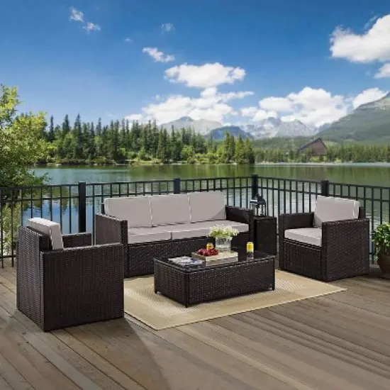 Palm Harbor 5pc All-Weather Wicker Patio Conversation Set with Sofa Gray - Crosley image {7}
