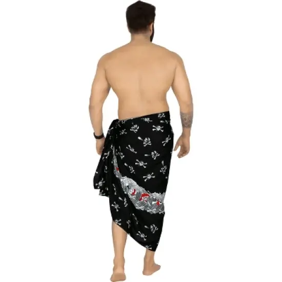 LA LEELA Men's Pirates Sarong Wrap Pareo Caribbean Pirates Swim Trunks Swimwear Full Beach Wraps for Men One Size Skull Crossbones, Black image {3}