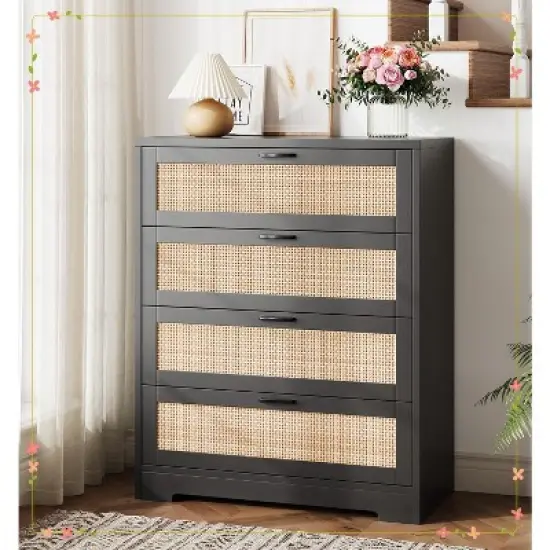 4 Drawer Dresser for Bedroom, Rattan Chest of Dressers, Modern Wood Tall Dresser with Power Outlets image {2}