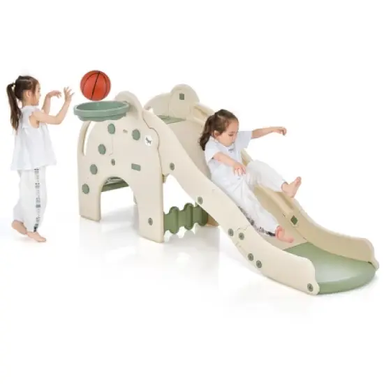 Costway 3-in-1 Toddler Slide with Buffer Zone Basketball Hoop & Ball Elephant Design image {10}