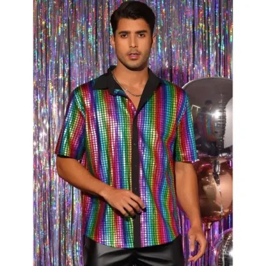 Lars Amadeus Men's Button Down Short Sleeves Costume Disco Shiny Metallic Shirt image {1}