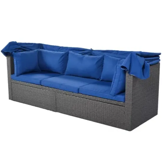 Outdoor Patio Rectangle Daybed with Retractable Canopy, Wicker Furniture Sectional Seating with Washable Cushions, Backyard, Porch image {8}
