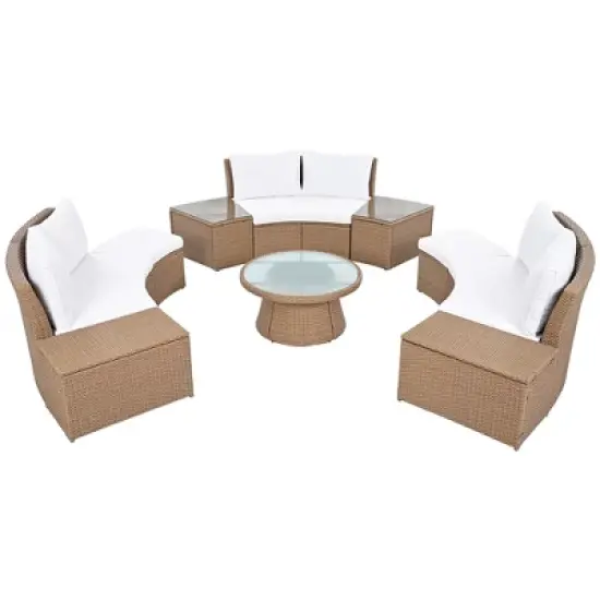 FIONECA 10-Piece Outdoor Sectional Half-Round Patio Rattan Sofa Set, White PE Wicker Conversation Furniture, Modular Combination image {8}