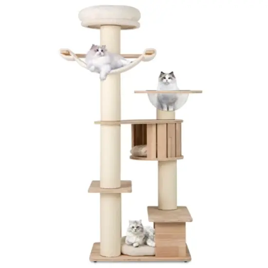 Tangkula 69" Tall Cat Tree Wooden Kitten Tower w/ 2 Condos Cozy Top Perch Space Capsule image {9}