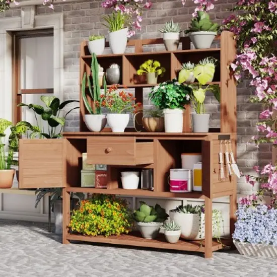 Garden Potting Bench with Hutch, 50.2" Fir Wood Gardening Workstation with Adjustable Shelves, Outdoor Planting Table for Backyard Balcony image {9}