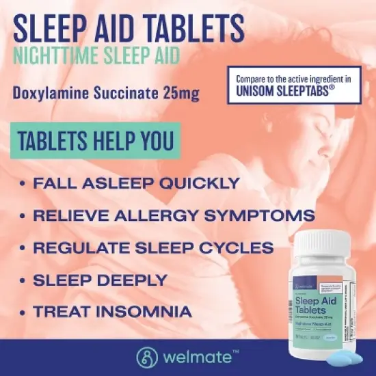 WELMATE Sleep Aid Doxylamine Succinate 25 mg Tablets - 200ct image {1}