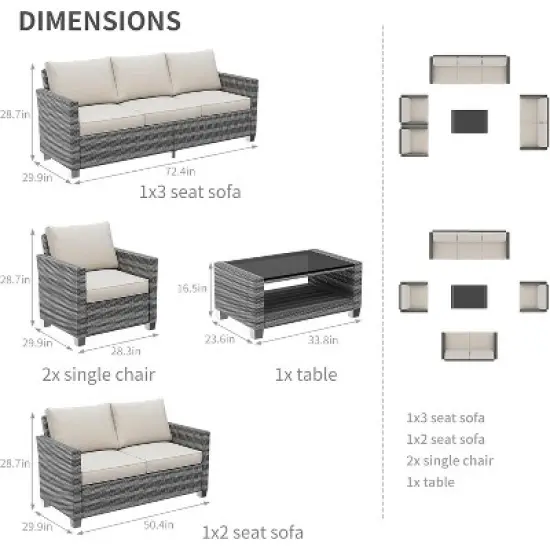 Outdoor Wicker Patio Furniture Sectional Set, Glass Top Table with Hidden Storage, Includes 7 Seating Components, Natural Rattan with Cushions image {5}