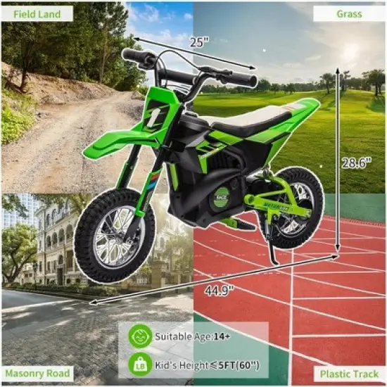 24V Kids Ride-On Motorcycle, Electric Off-Road Dirt Bike with 250W Motor, 13.6 MPH Speed, Chain Drive, Leather Seat, Disc Brake,Pneumatic Tires Green image {6}