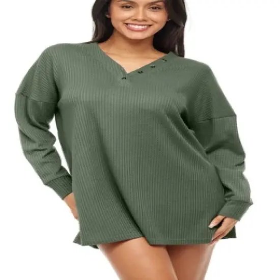 Women's Soft Ribbed Waffle Rib Knit Oversized Sleep Shirt, V-neck Night Shirt Sweater Top image {6}