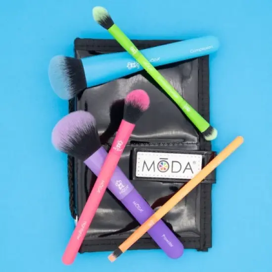 MODA Brush Totally Electric Complete Face  6pc Travel Sized Makeup Brush Flip Kit, Includes Powder, Complexion, and Highlighter Makeup Brushes image {3}