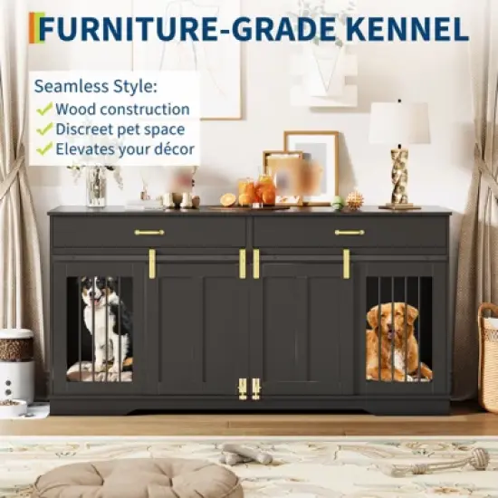 71" Dog Crate Furniture for 2 Dogs, Chew-Resistant Double Dog Kennel with 2 Drawers &  Sliding Doors, Wooden TV Stand End Table for Living Room image {4}