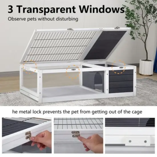 FDW Wooden Tortoise Habitat Large Transparent Tortoise Enclosure, Activity Area and Removable Tray for Small and Medium-Sized Animals,Gray image {3}