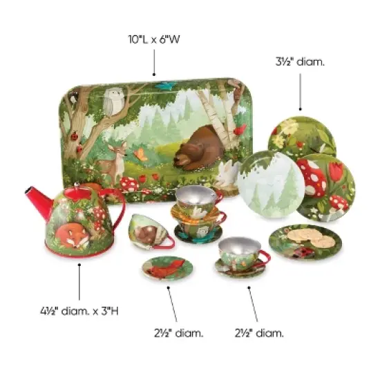 HearthSong 15-Piece Woodland-Themed Tin Tea Set for Kids With Carrying Case image {2}