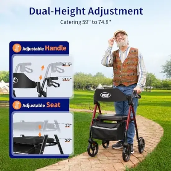 Walkers for Seniors,Foldable Walker with Seat,Aluminum Supports 330lb,8" Wheels-Blue image {5}