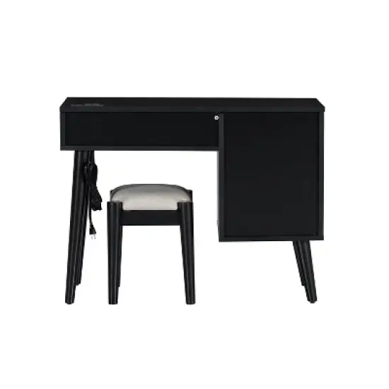 TOBILI 39" Wooden Makeup Vanity Set with Charging Plug USB Port and Stool, Dressing Table with 3 Storage Drawers and 1 Rectangular Rattan Drawer image {4}