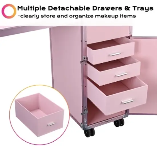 Byootique Rolling Nail Table Kit w/ Makeup Case Cosmetic Organizer Aluminum Pink image {3}