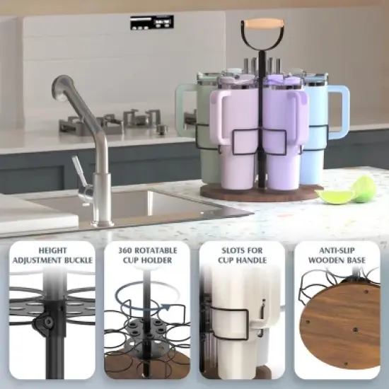 SEVOBAL Stanley 40 oz Cup Organizer with Handle Rotating Tumbler Holder Bottle Storage Rack Kitchen Holder Non-Slip Pad, Black, 12.87"*12.87"*3.51" image {1}