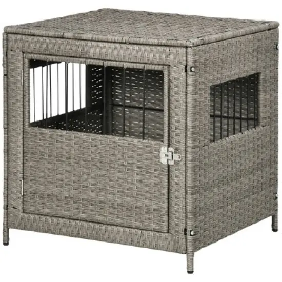 PawHut Rattan Dog Crate Dog Kennel Furniture with Lockable Door and Soft Washable Cushion for Small Sized Dogs, Gray image {3}