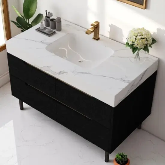 40" Wall-Mounted Bathroom Vanity with Oval Ceramic Sink, Floating Cabinet with Moisture-Resistant Countertop, Soft-Close Storage image {8}