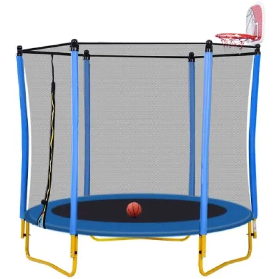 Whisen 65" Toddler Trampoline, Indoor & Outdoor Use, Enclosure, Basketball Hoop & Included Ball image {10}