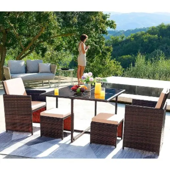 5pc Outdoor Wicker Conversation Set with Rattan Chairs & Ottomans & Tempered Glass Tables - Devoko
 image {1}