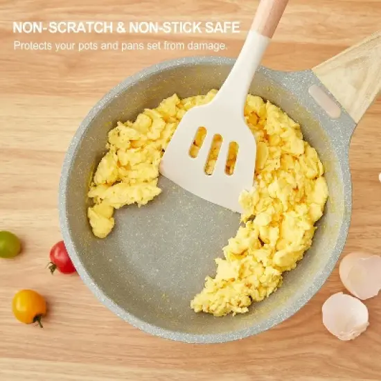 Itopfox Kitchen Utensils Set - 34 PCS Non-Stick Silicone Cooking Tools with Wooden Handle, Kitchen Gadgets for Nonstick Cookware (Cream White) image {3}