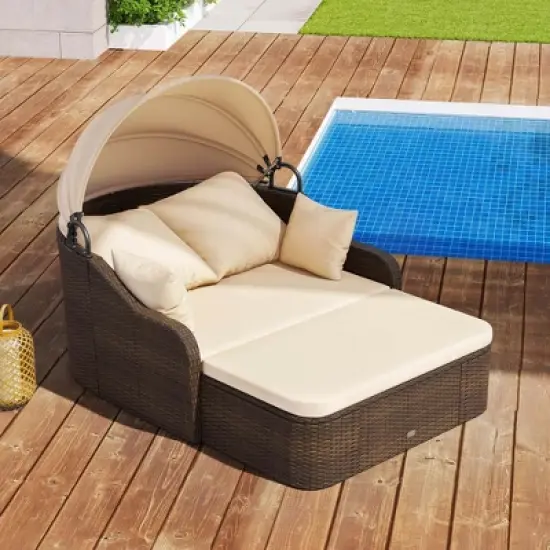Costway Patio PE Rattan Daybed with Retractable Canopy Soft Cushions and Extra Pillows image {7}