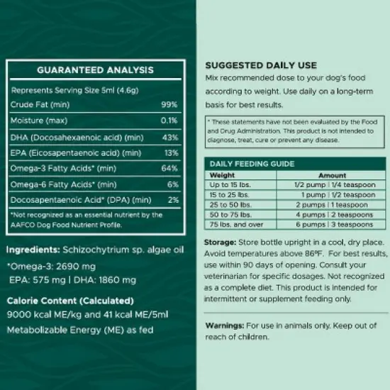 Chew + Heal Vegan Single Ingredient EPA & DHA Omega-3 Algae Oil Skin & Coat Supplement for Dogs, 4-fl oz bottle image {5}