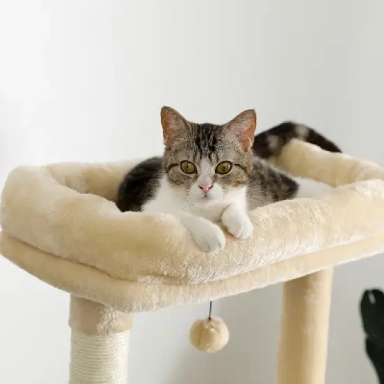 DOMETOUR Multi-Functional 56.2"H Cat Tree Cat Climbing Frame, Cat Tower with Scratching Post/2 Condos/Top Perch/Hammock/Ladder/Dangling Ball image {7}