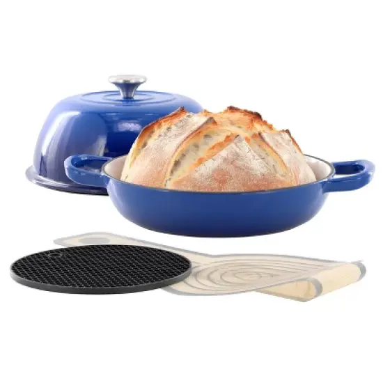 MegaChef 6 Quart Enameled Cast Iron Bread Pot in Blue with Baking Mat image {7}