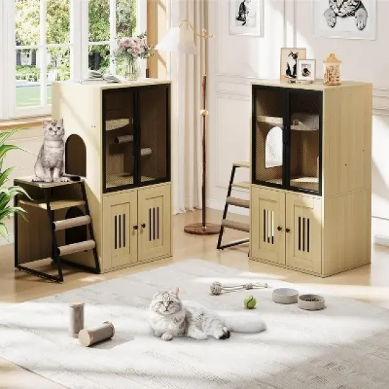 Cat Litter Box Enclosure, Double Cat House with Storage, Enclosed Litter Box Furniture with Ladder image {5}