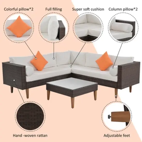 FIONECA 4-Piece Outdoor Wicker Sofa Set, L-Shaped Patio Furniture with Beige Cushions, Brown Rattan & Colorful Accent Pillows image {2}