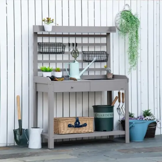 Outsunny Potting Bench Table, Garden Work Bench, Workstation with Metal Sieve Screen, Removable Sink, Additional Hooks and Baskets image {1}