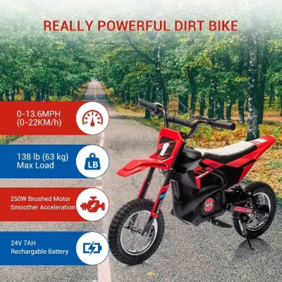 24V Kids Ride On Electric Off-Road Motorcycle,250W Motor 13.6MPH Fast Speed Dirt Bike Motocross,Leather Seat,for Kids Riding Toy, Red image {4}