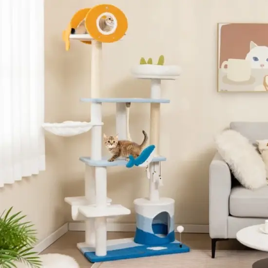 Petsite Ocean-themed Cat Tree Tower with Sisal Covered Scratching Posts Condo Perch Hammock image {1}