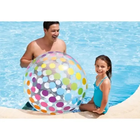 Intex Jumbo Inflatable Glossy Colorful Transparent PVC Giant Beach Ball w/Repair Patch in Polka-Dot or Rainbow Stripes for Ages 3 & Up, Color Varies image {3}