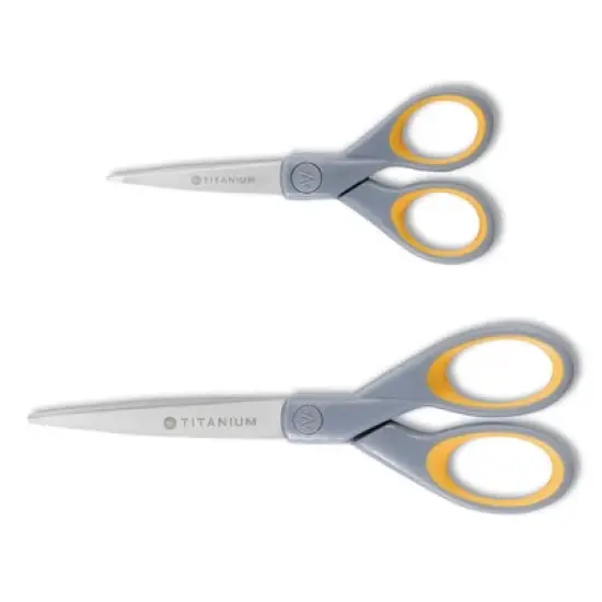 Westcott Titanium Bonded Scissors, 5" and 7" Long, 2.25" and 3.5" Cut Lengths, Gray/Yellow Straight Handles, 2/Pack image {5}