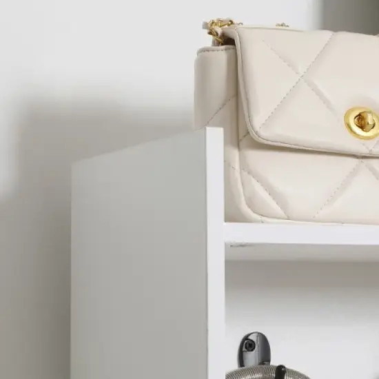 HOMCOM Modern Hall Tree, Entryway Coat Rack with Shoe Bench, 5 Hooks, Storage Shelf and Slatted Door Cabinet for Hallway, White image {5}