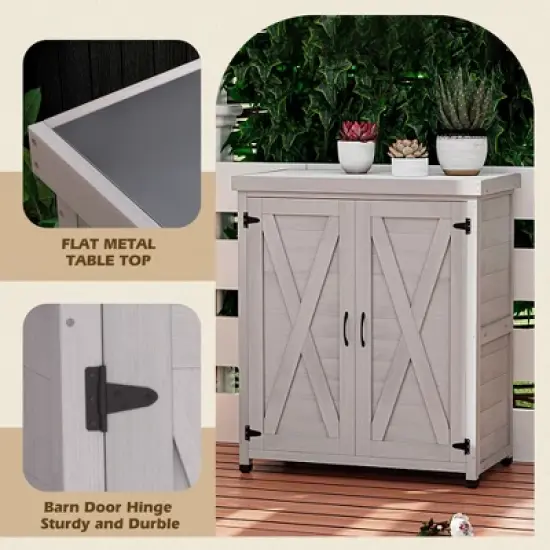 Cesicia White 31'' x 17'' x 36'' Potting Bench with Storage Cabinet and Metal Table Top for Outdoor Patio image {3}