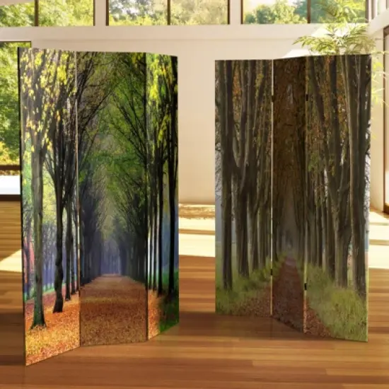6" Double Sided Autumn Footpath Canvas Room Divider Green - Oriental Furniture image {4}