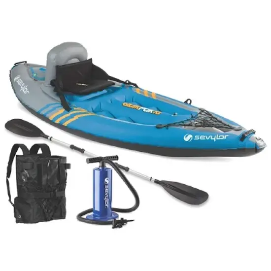 Sevylor K1 QuikPak 1 Person Foldable Inflatable Sit-On Kayak w/ Paddle and Pump & Stearns Men's V2 Series Neoprene V-Flex Life Jacket Vest, Blue, 2XL image {1}
