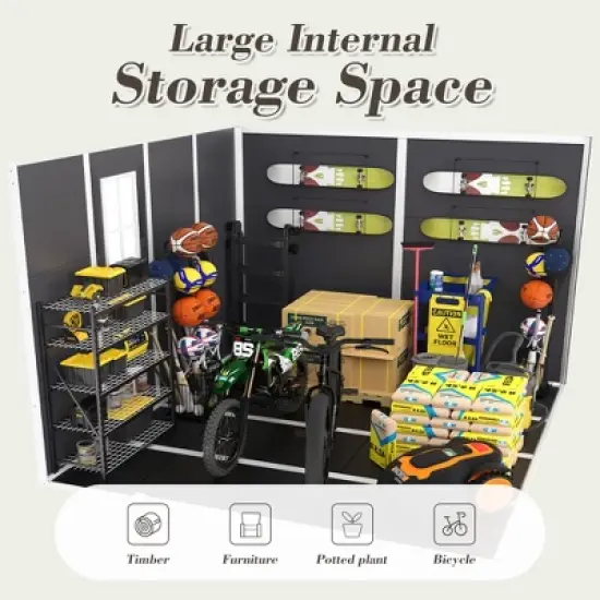 8*8ft resin storage shed, high quality pp material, strong structure, waterproof, rust and UV proof, large storage space,12mm thick pp board,Dark gray image {4}