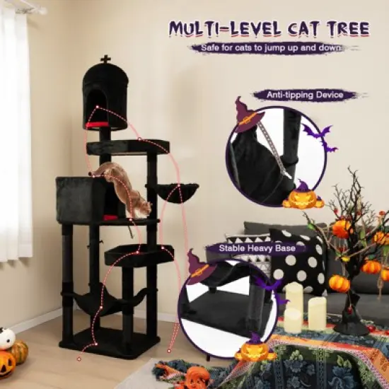 Costway Gothic Cat Tree w/ Sisal Covered Scratching Posts Stylish Cat Furniture for Indoor Cats Black image {5}