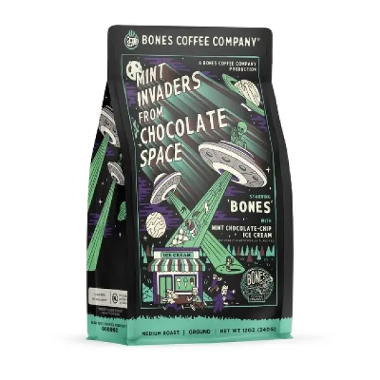 Bones Coffee Company Mint Invaders Ground Coffee Beans Mint Chocolate Flavor 12 oz Medium Roast (Ground) image {4}