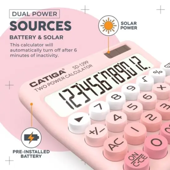 CATIGA Mechanical Switch Calculator with Solar and Battery Dual Power, 12-Digit Large LCD Display, SD-1299 PK-5PK image {3}