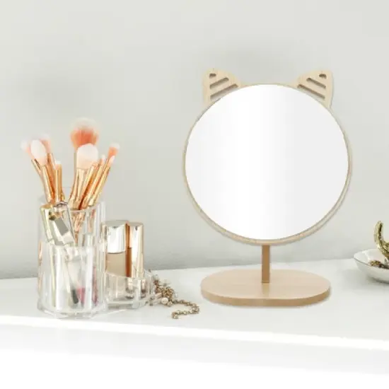 Unique Bargains Large Cartoon Ears Desktop Cosmetic Mirror Wood Color 1 Pc image {2}