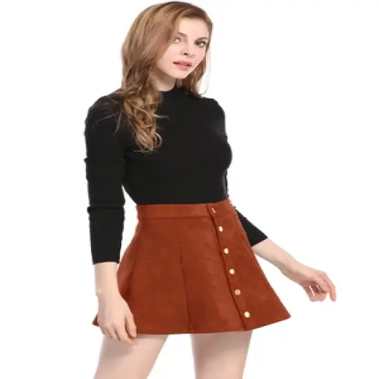 Allegra K Women's Faux Suede Button Closure A-Line High Waisted Flared Mini Short Skirt image {1}